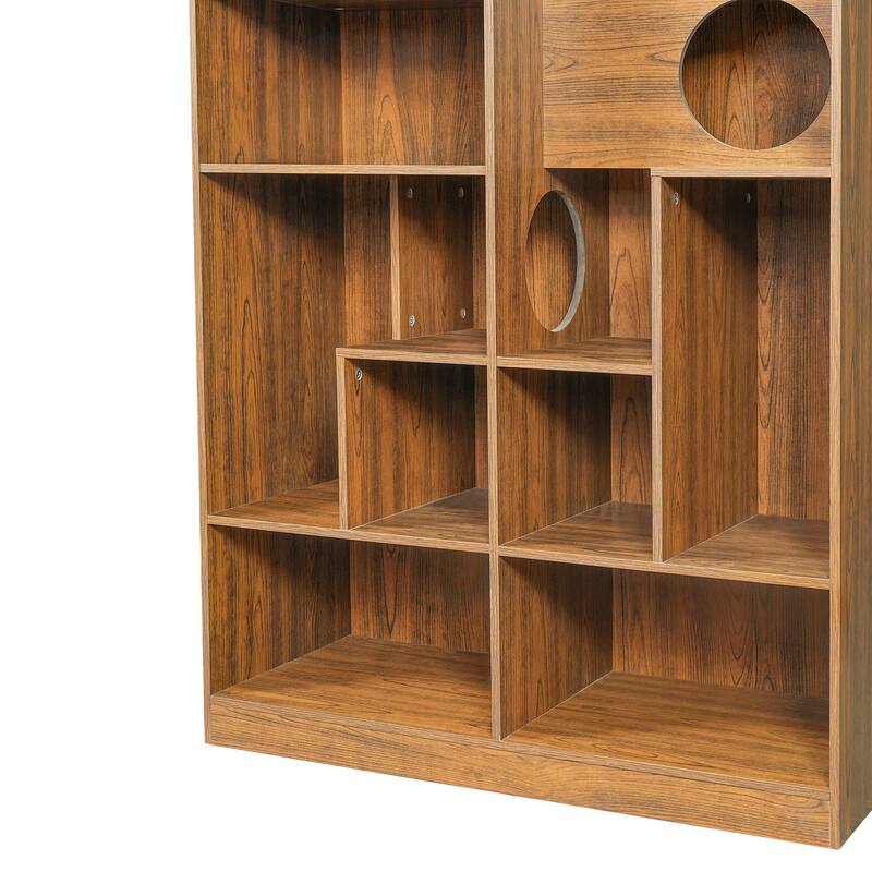 Anmytek 2-in-1 Bookshelf Cat Tree with Cat Holes and Shelves Walnut Mid-Century Pet Furniture