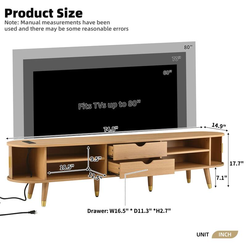 Wooden Oval TV Stand with Charging Station for TV up to 80", Fluted Sliding Tambour Door TV Cabinet Media Console, Natural