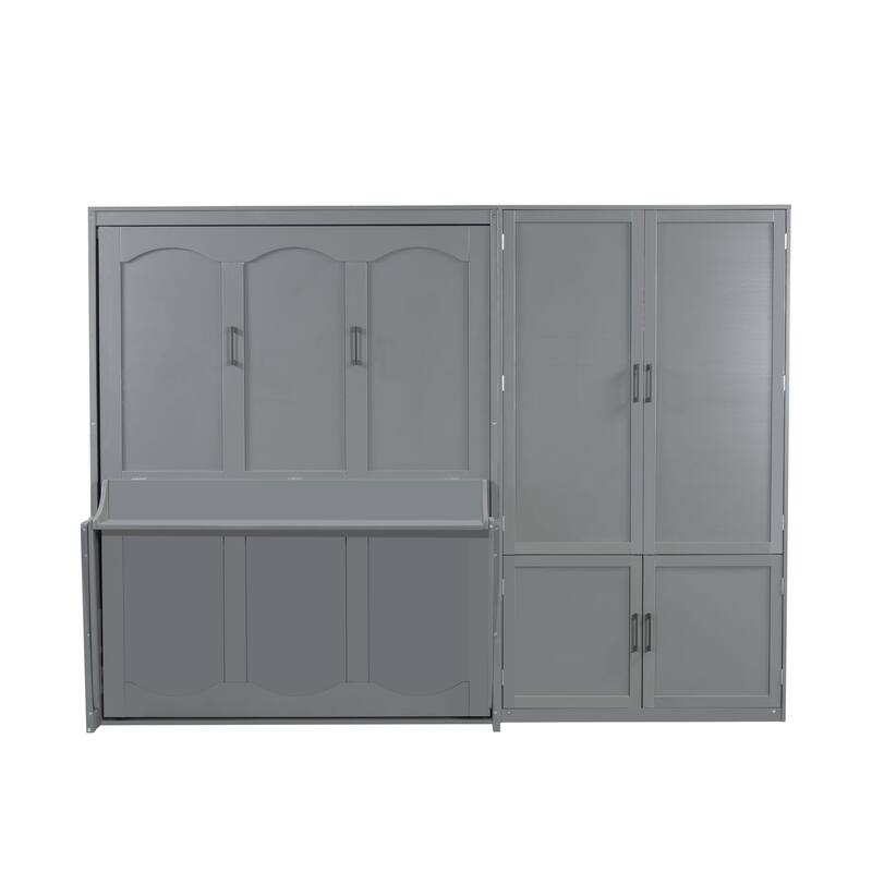 Queen Size Wall Bed with Closet and Hydraulic Lift System, Space-Saving Design, Gray