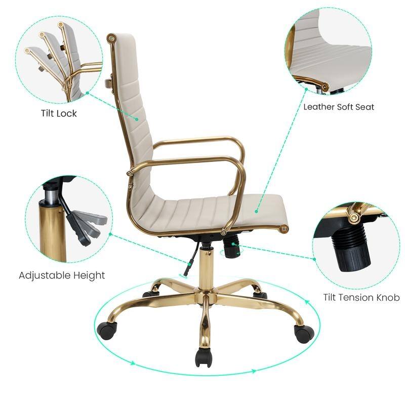Harris High-Back Leather Office Chair in Brushed Gold Frame Adjustable Height Tilt Computer Task Chair with 360-Degree Swivel
