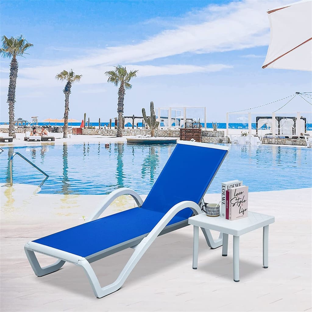 5 Adjustable Aluminum Textile Outdoor 1 Lounge Chair and 1 Plastic Table in Brown or Blue - N/A