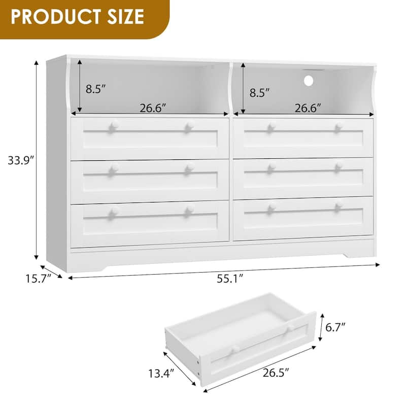 6 Drawer Dresser with RGB LED Lights & Power Outlet - White