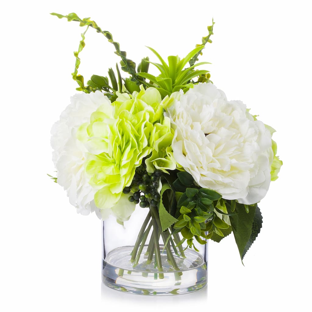 Enova Home Mixed Artificial Silk Peony and Hydrangea Fake Flowers Arrangement in Clear Glass Vase for Home Office Decoration
