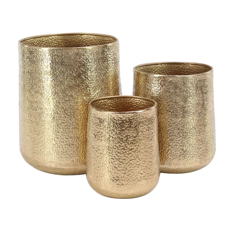 Aluminum Metal Indoor Outdoor Planter with Hammered Design - Set of 3 Silver or Gold - Roche River Decor - Gold