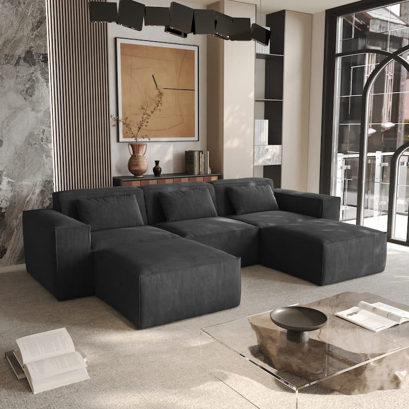 Modern Modular Sectional Sofa with 3 Pillows, Convertible Living Room Couch with Ottomans - Black