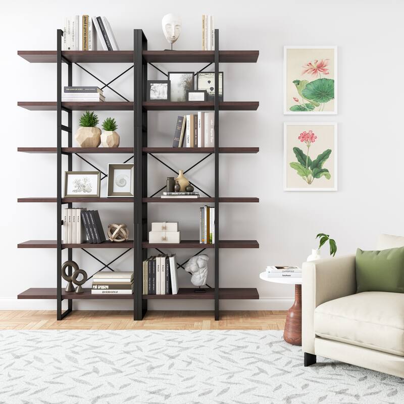 Davee Dark Walnut Color 6-Tiers Bookcase - 85" H x 70" W x 12.6" D - Dark Walnut - 85" H x 70" W x 12.6" D