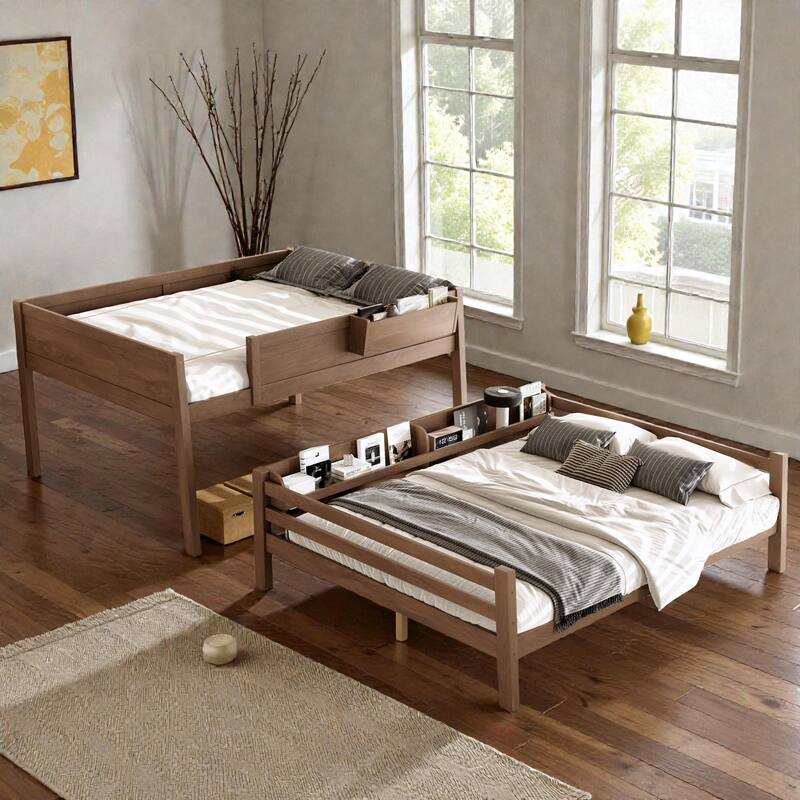 Wooden Bunk Bed Frame with Built-In Storage Shelves, Convertible to Two Beds, No Box Spring Needed