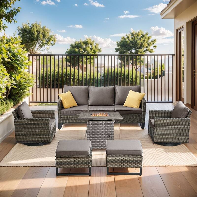 Outdoor Pocassy Sofa Chairs Set with Fire Table - Grey Wicker Grey Cushion - 6 Pieces