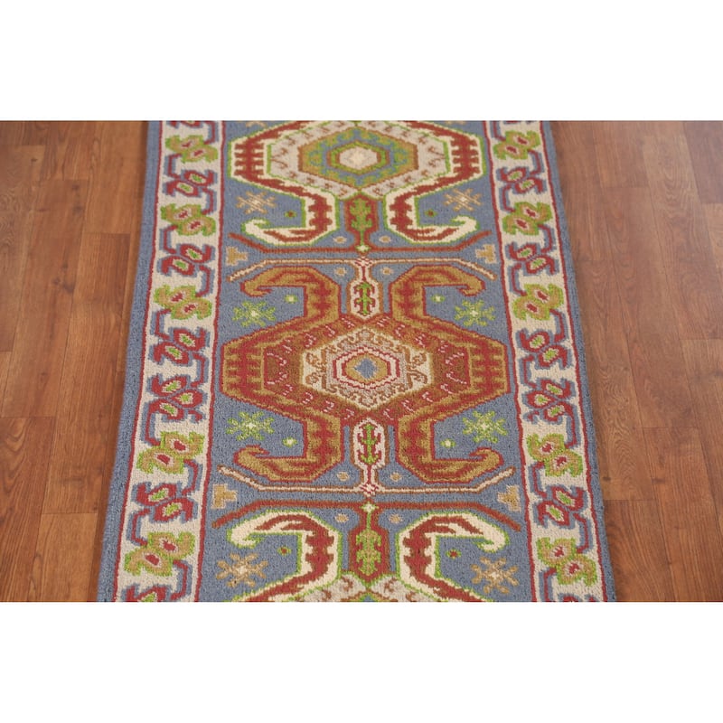 Blue Geometric Heriz Serapi Style Runner Rug Hand-Knotted Wool Carpet - 2'5" x 9'9"