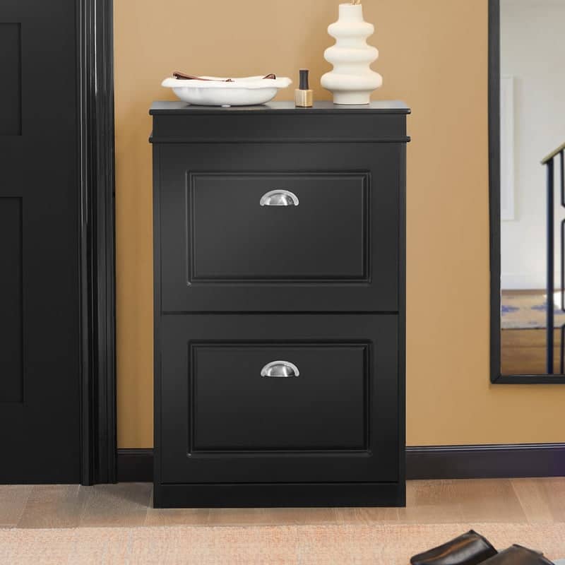 SoBuy FSR78-W, White 2 Drawers Shoe Cabinet Shoe Rack Shoe Storage - Black