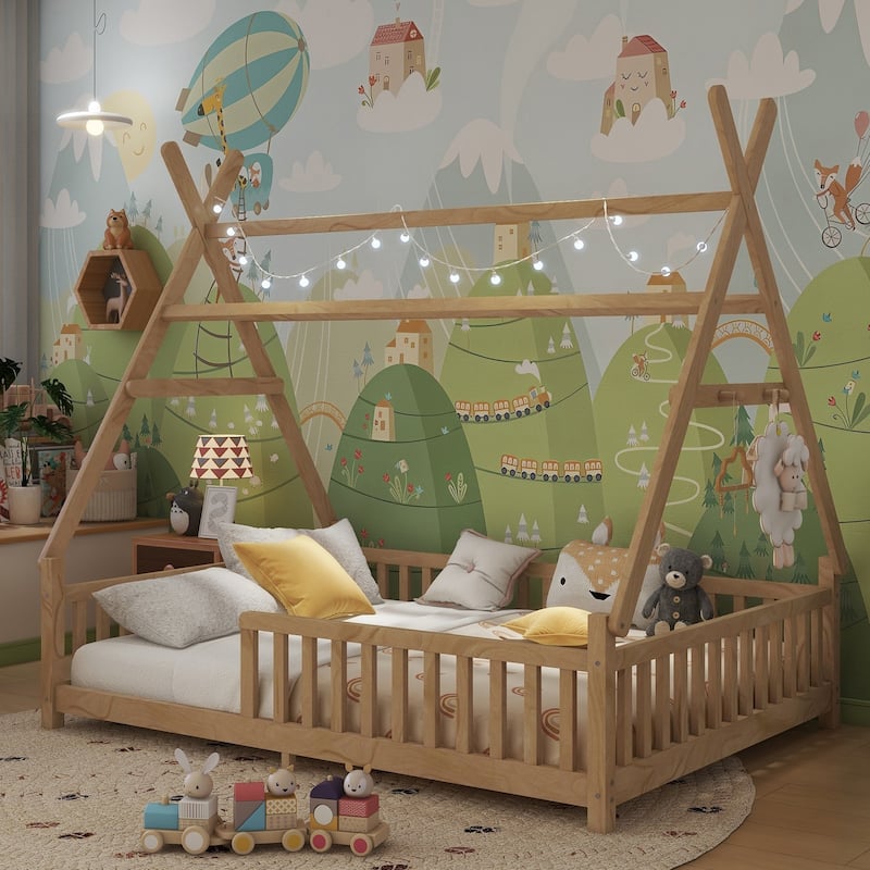 House Bed with Light, Low Toddler Floor Bed House-shaped Roof Frame with Fence and Roof for Kids Boys Girls - Natural - Full