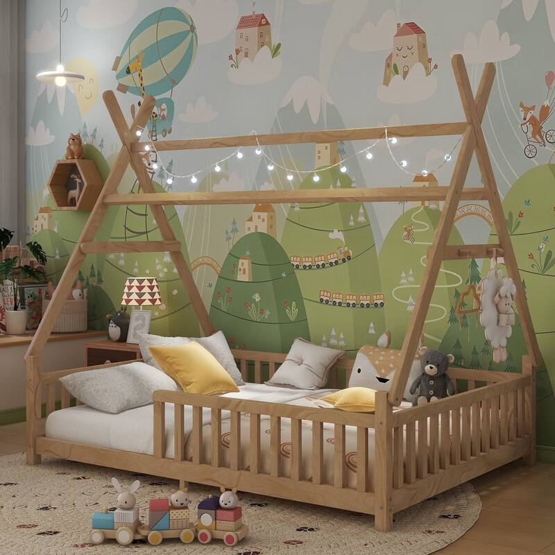 Wood Low Floor House Bed with Fence and LED Light Roof, Creativity Bed Tent Design for Kids Boys Girls No Box Spring Needed
