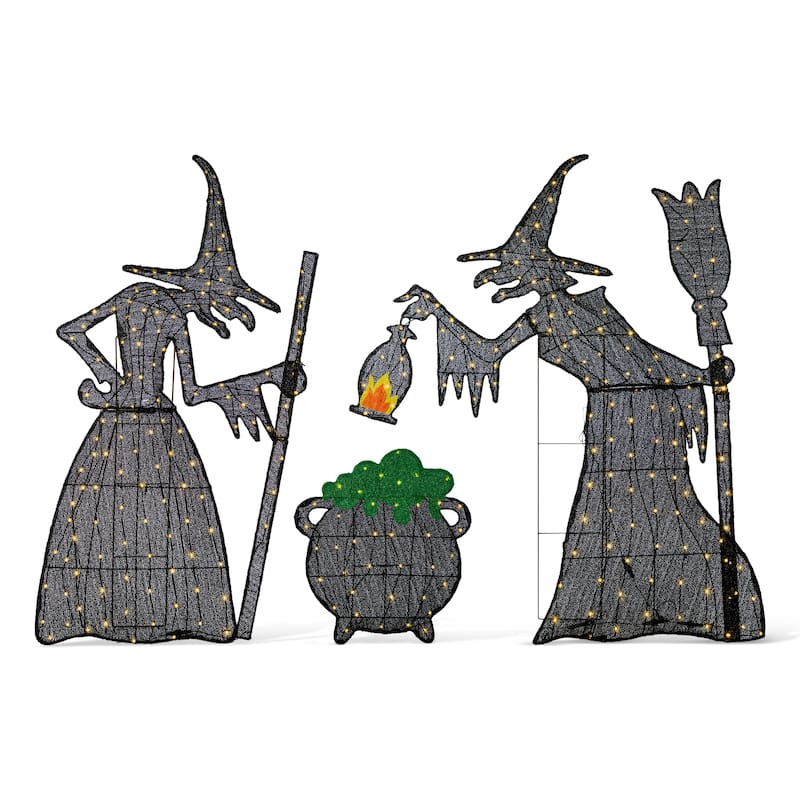 Glitzhome 5ft Set of 3 Pre-lit Halloween 3D Witches with Cauldron Outdoor Decor with 340 Warm White LED Lights