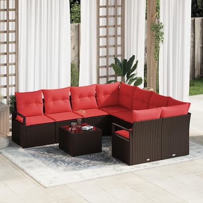 vidaXL 9 Garden Sofa Set with Cushions Black/Brown/Grey Poly Rattan - 91.3 x 92.1 x 27.2