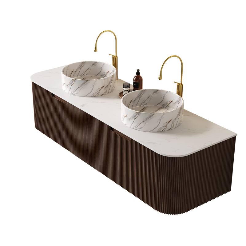 GDFStudio - Dina 60" Curved Edges Striped Bathroom Vanity with 2 White Stone Ceramic Basins, 2 Drawers, NO Faucet