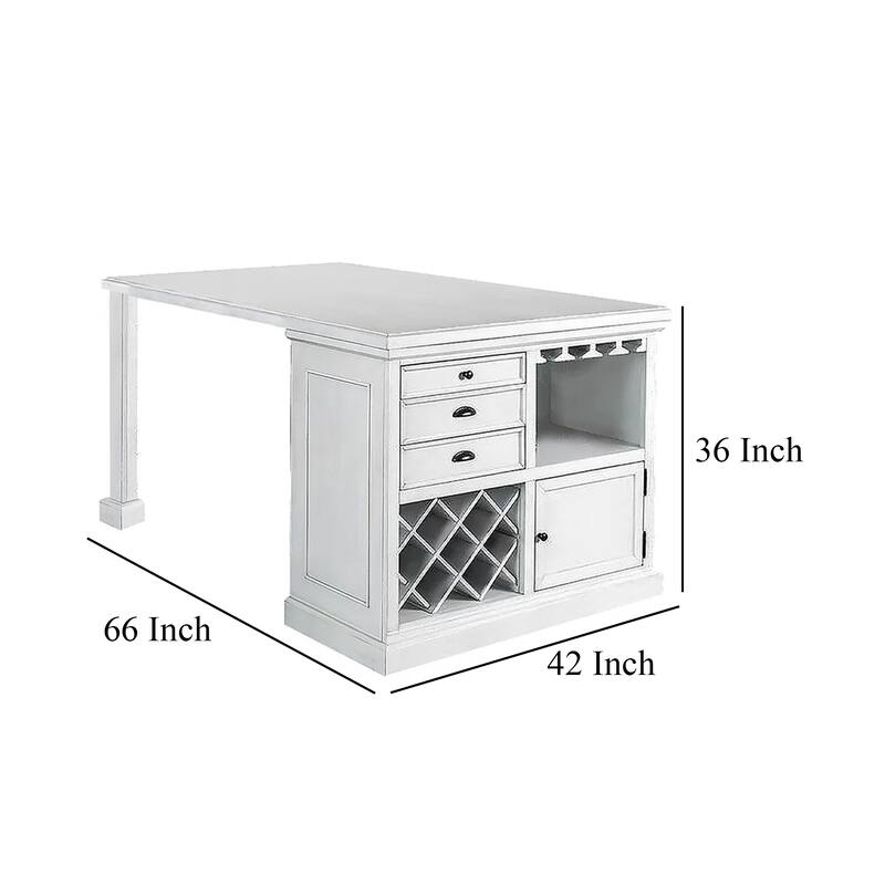 Tino Counter Height Kitchen Island Table w Bar Storage, Antique White