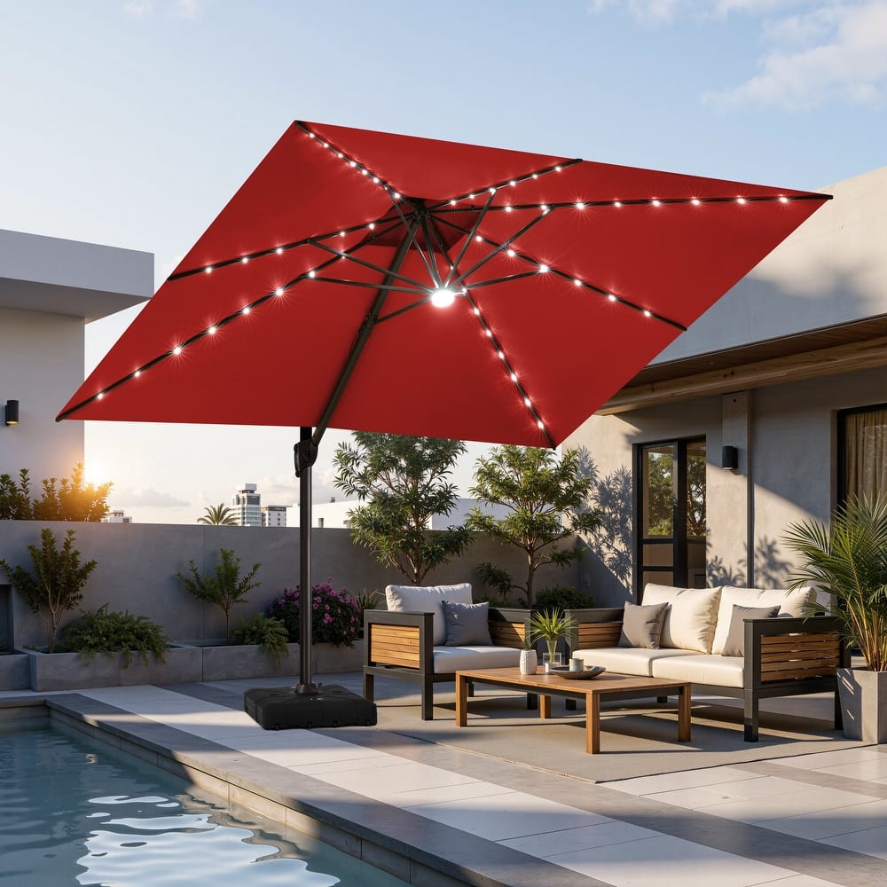 11 FT Outdoor Double Top Solar Powered LED Patio Cantilever Umbrella with Base