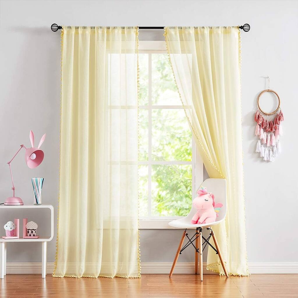 Pompom Sheer Window Curtains,95inches Length Decorative Window Drapes for Wedding Party Ceremony,2 Panels - 52" x 95"