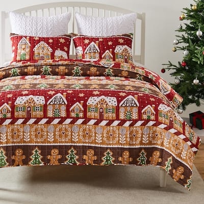 Greenland Home Gingerbread Lane Whimsical Novelty Holiday Quilt Set