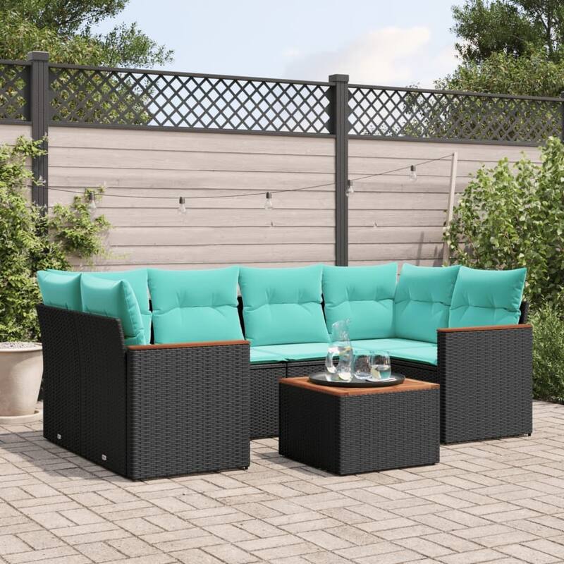vidaXL Patio Sofa Set with Cushions Outdoor Furniture 7 Piece Poly Rattan - 24.4x 24.4x 27.2 - Black and Blue