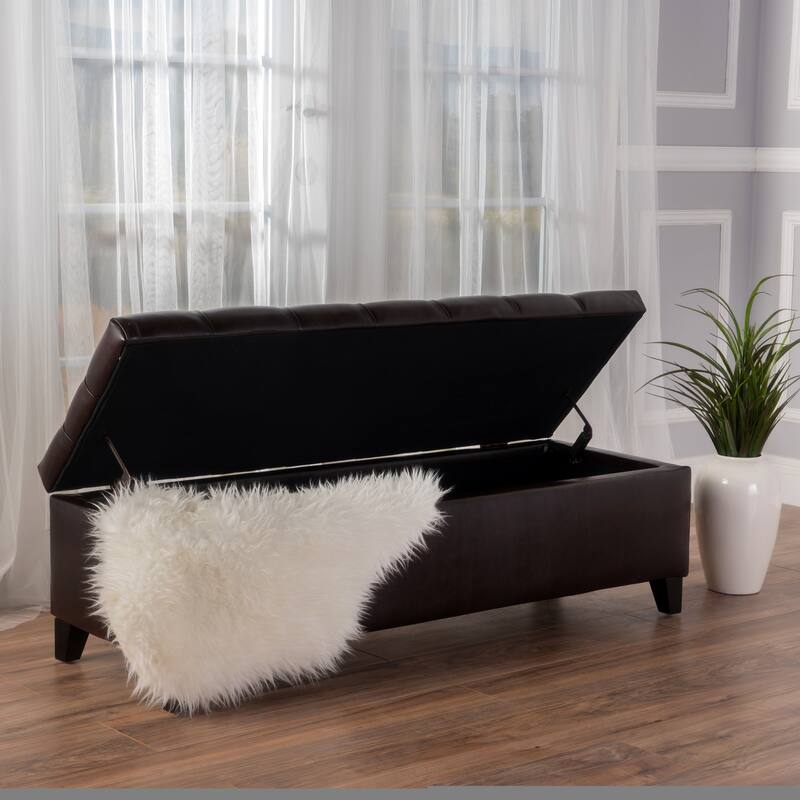 Brown PU Leather Storage Ottoman Bench - Contemporary Style, Large Storage Space - Brown - Large