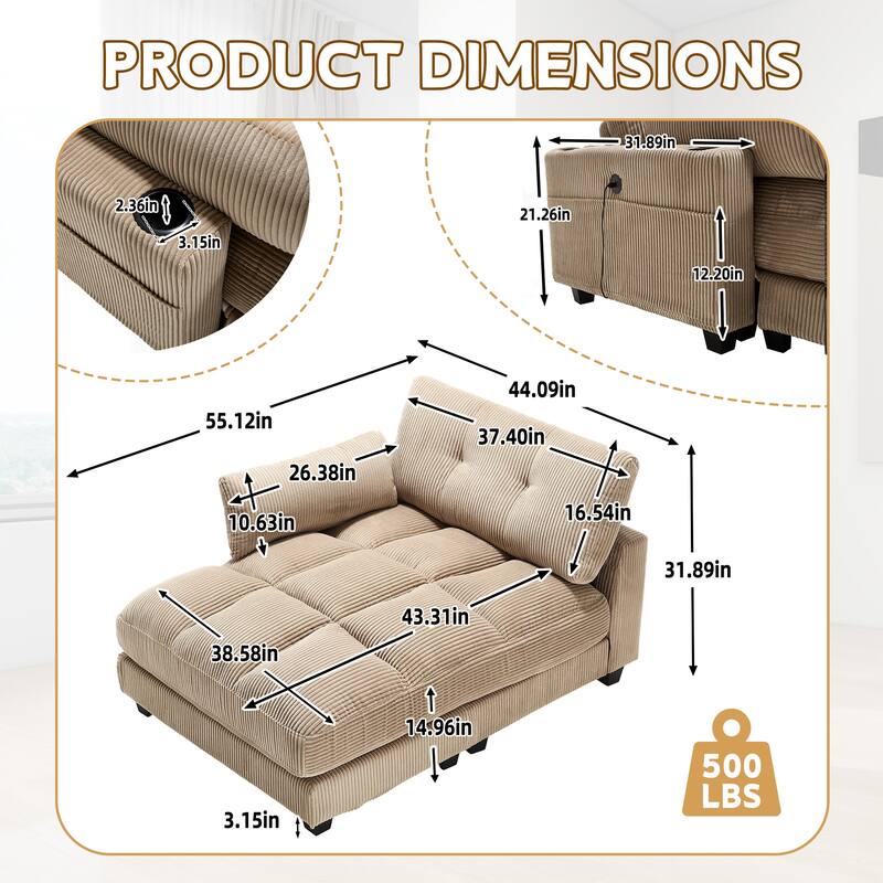 Oversized Corduroy Upholstered Single Chaise Lounge Sofa Couch Switchable Armrest with Cup Holders, USB Ports and Pockets