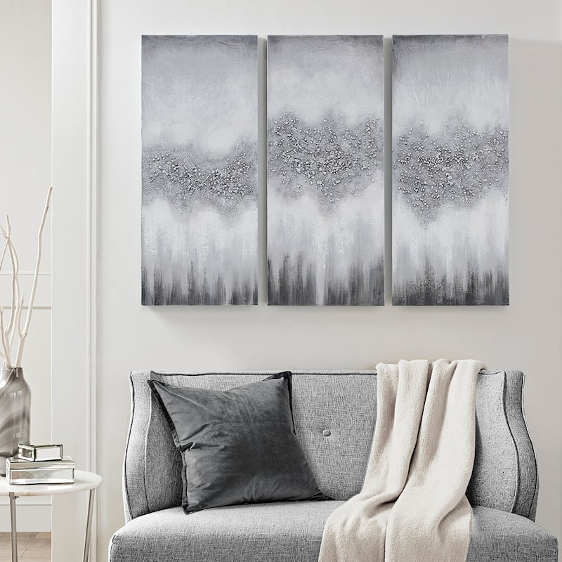 Heavily Embellished 3-piece Canvas Wall Art Set - Grey