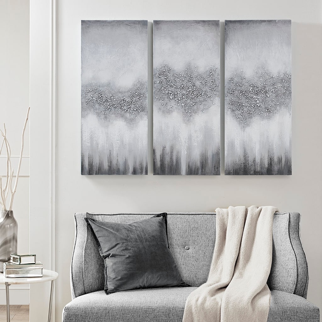Heavily Embellished 3-piece Canvas Wall Art Set - Grey