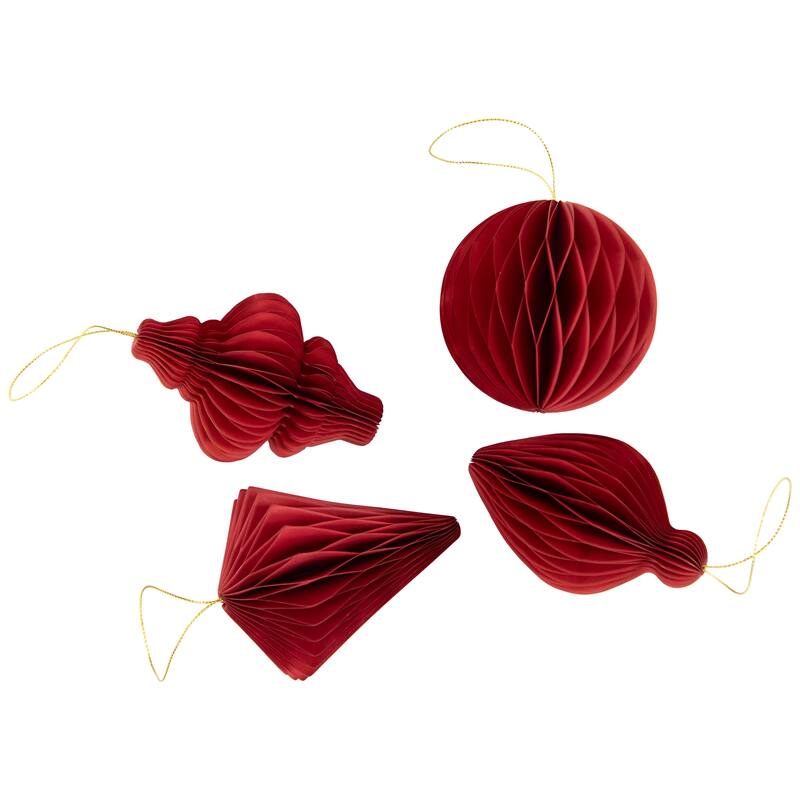Foldable Honeycomb Paper Christmas Finial Ornaments - 4" - Red - Set of 4