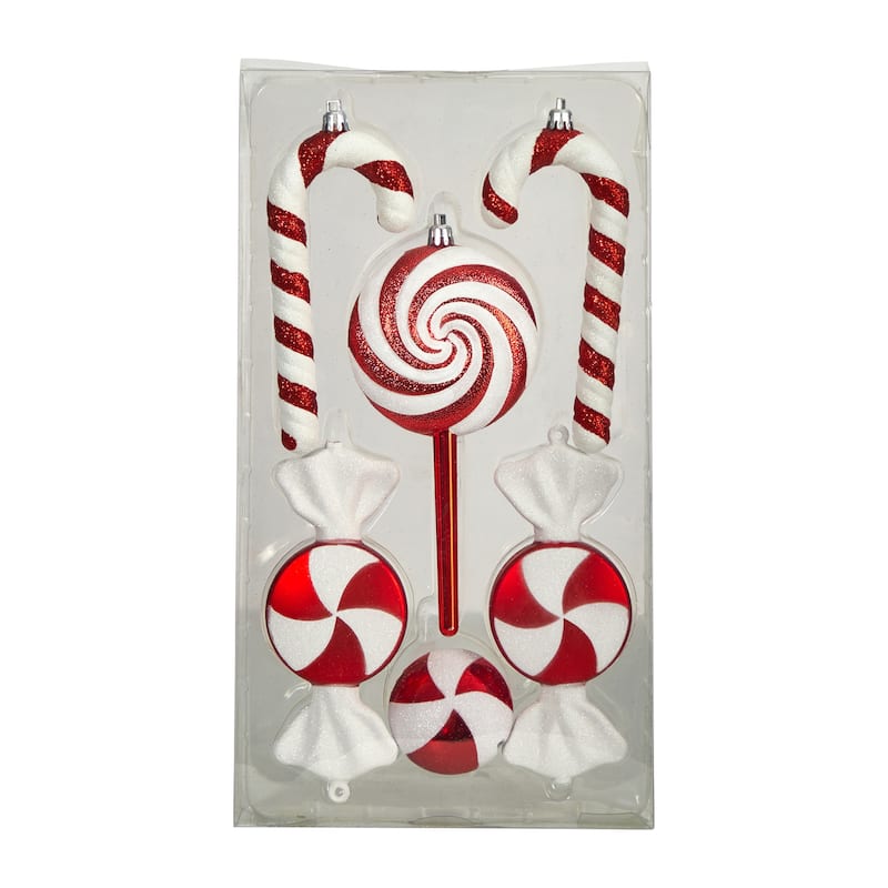 Set of 6 Red and White Assorted Candy Cane Christmas Deluxe Shatterproof 7"