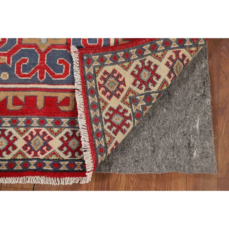 Geometric Red Kazak Oriental Runner Rug Hand-Knotted Wool Carpet - 3'4" x 6'7"