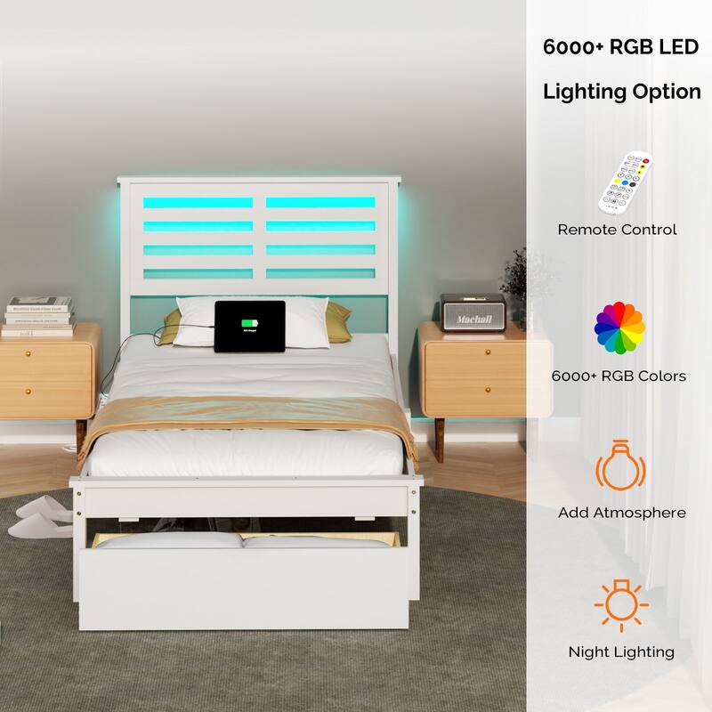 Twin Wood Bed Frame with Charging Station, Lighted Platform Bed, White