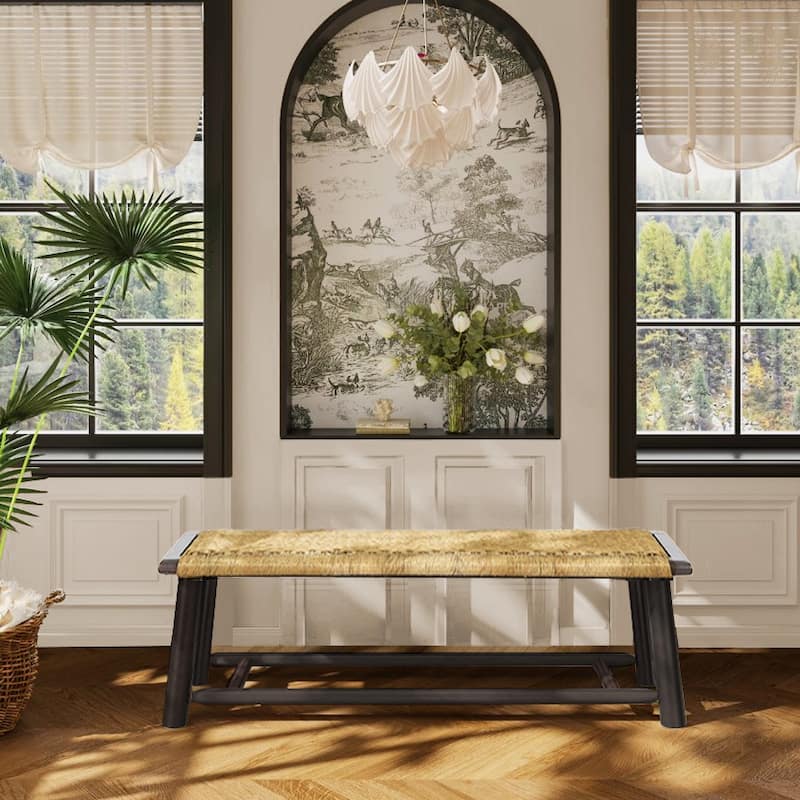 Farmhouse Modern Solid Wood Indoor & Covered Outdoor Rattan Bench - Walnut