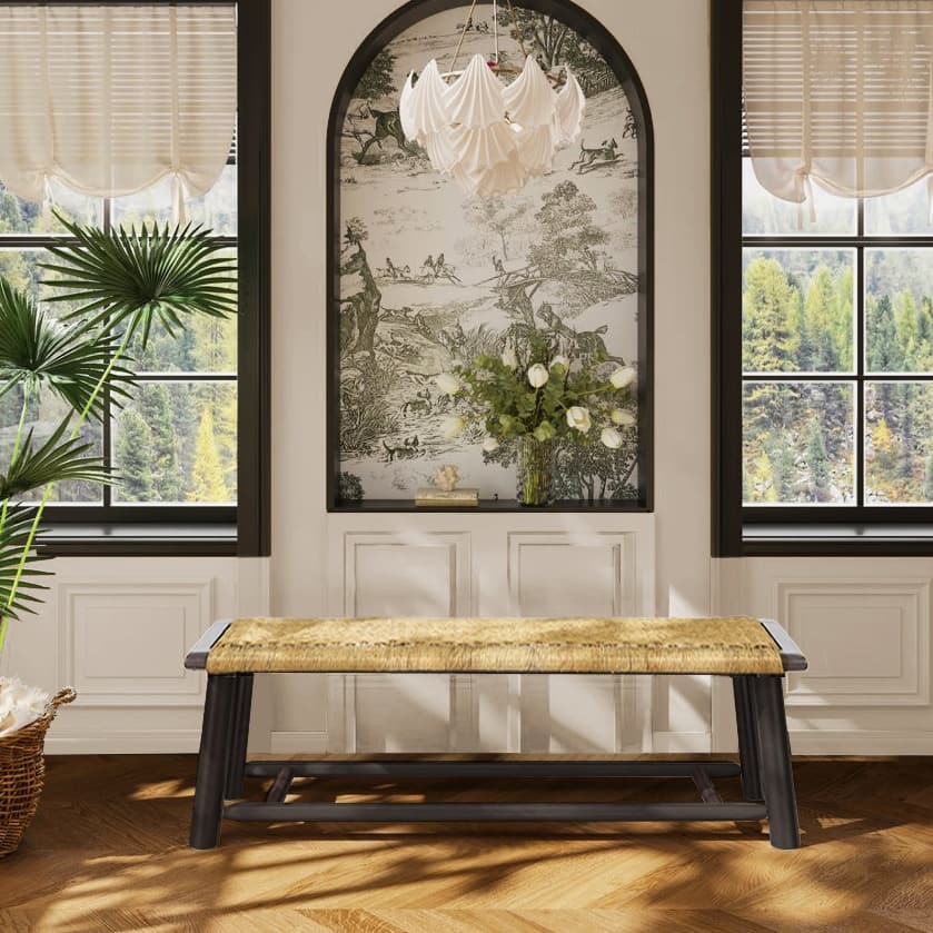 Farmhouse Modern Solid Wood Indoor & Covered Outdoor Rattan Bench