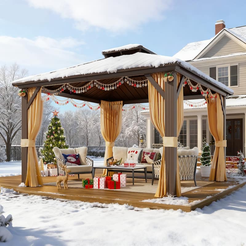Erommy Hardtop Gazebo with Galvanized Steel Double Roof & Aluminum Frame, Outdoor Gazebo with Curtains and Nettings