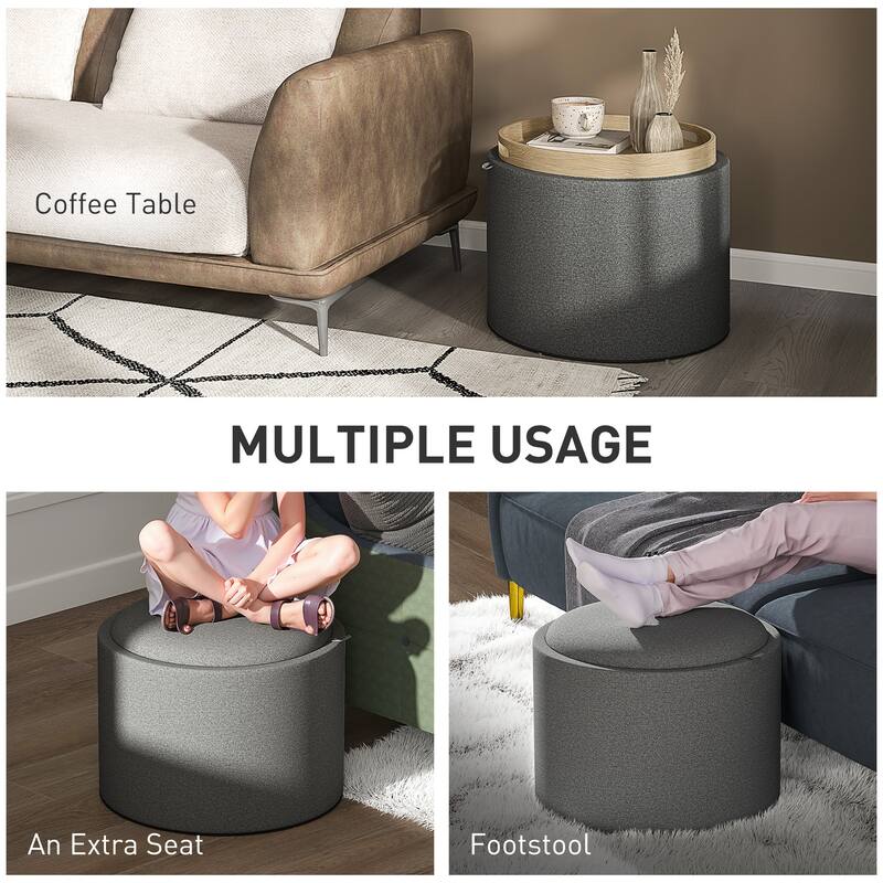 Dark Grey Storage Ottoman with Reversible Tray and Footrest Coffee Table and Extra Storage