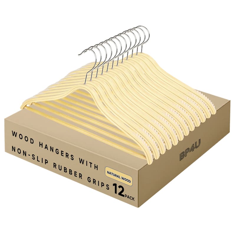 BP4U Slim Birch Wood Suit Hangers with Pants Bar, Lightweight Coat Wooden Hangers for Trousers, Sweaters, Dresses - 12-Pack - Natural Wood