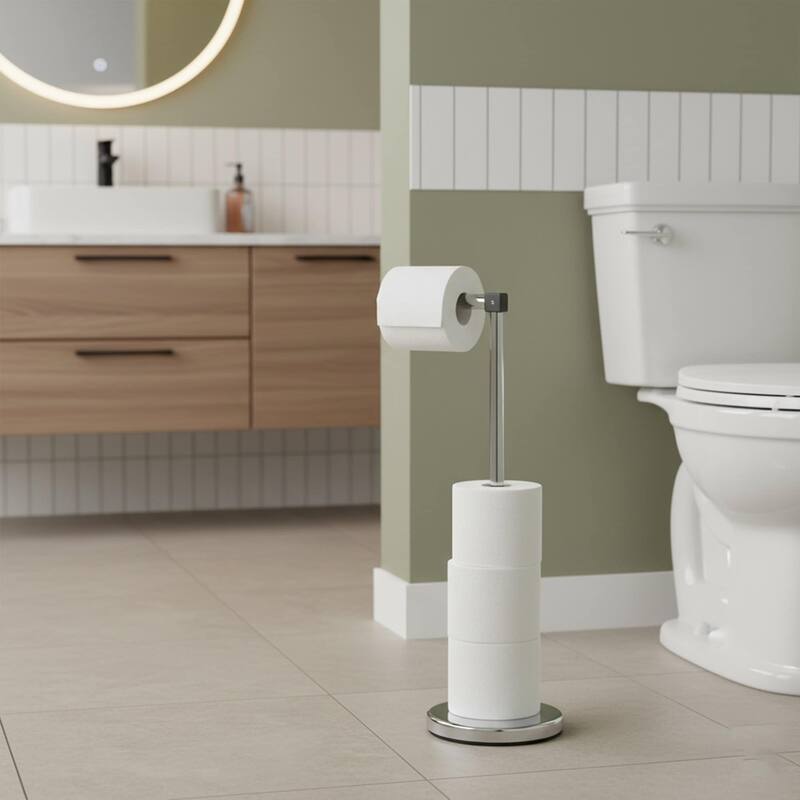 Sleek Toilet Paper Holder with Folding Arm and Reserve Compact Freestanding Metal Holder - Diameter 8 inches X 22" H