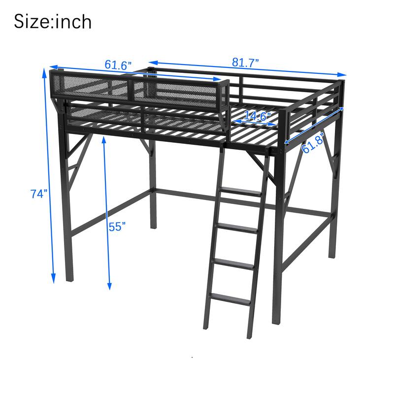 Iron Loft Bed Frame with Storage Shelves, Heavy Duty Metal Loft Bed, Kids High Loft Bed with Full Length Guardrail