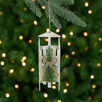 9" Tree on White Wood Sled Christmas Ornament