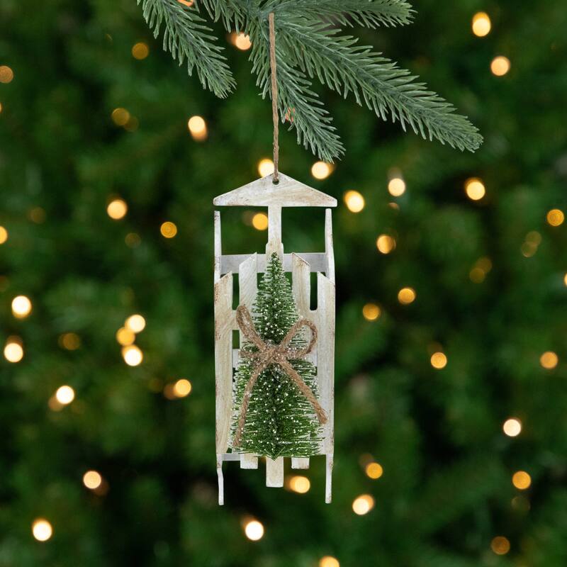 Tree on Wood Sled Christmas Ornament - 9" - White