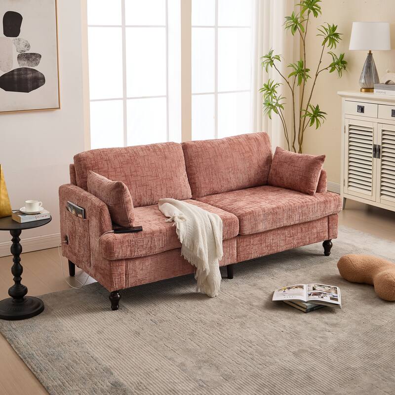 Modern Style Chenille 2-Seater Wood-Legged Sofa With Led Light, Usb Charging Port And Storage Bag Living Room Bedroom Study Room