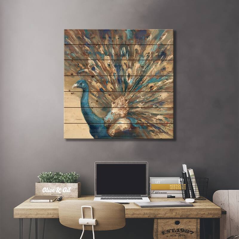 Proud Peacock Print On Wood by Julianne Marcoux - Multi-Color