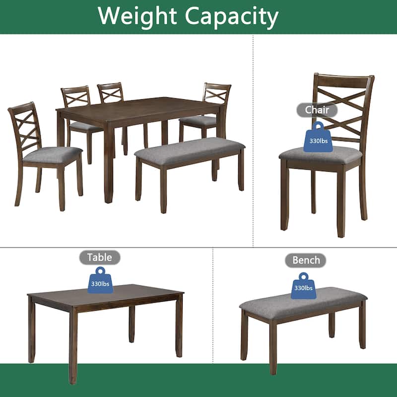 GDFStudio - Taverne 6-Piece Transitional Dining Table Set with 4 Upholstered Chairs and Bench