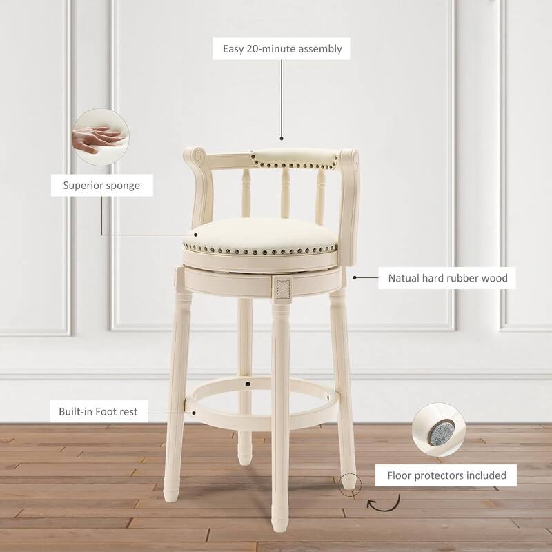 29.5" Leather Bar Stool with Wooden Frame, White