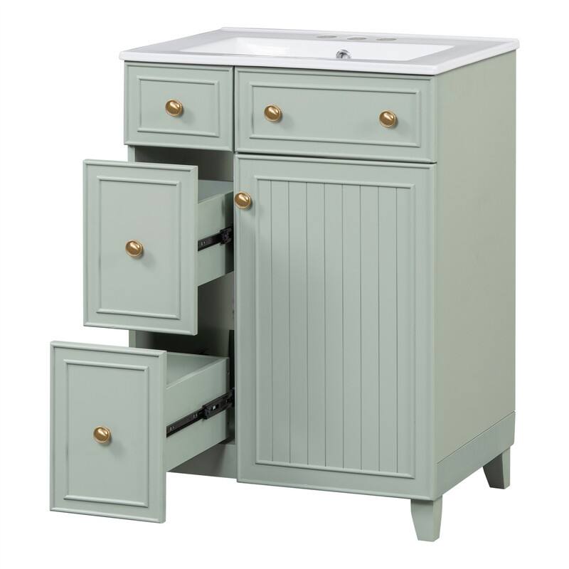 24'' Bathroom Vanity with Ceramic Sink Top, Freestanding Bathroom Vanity Cabinet with 1 Soft Close Door and 2 Storage Drawers