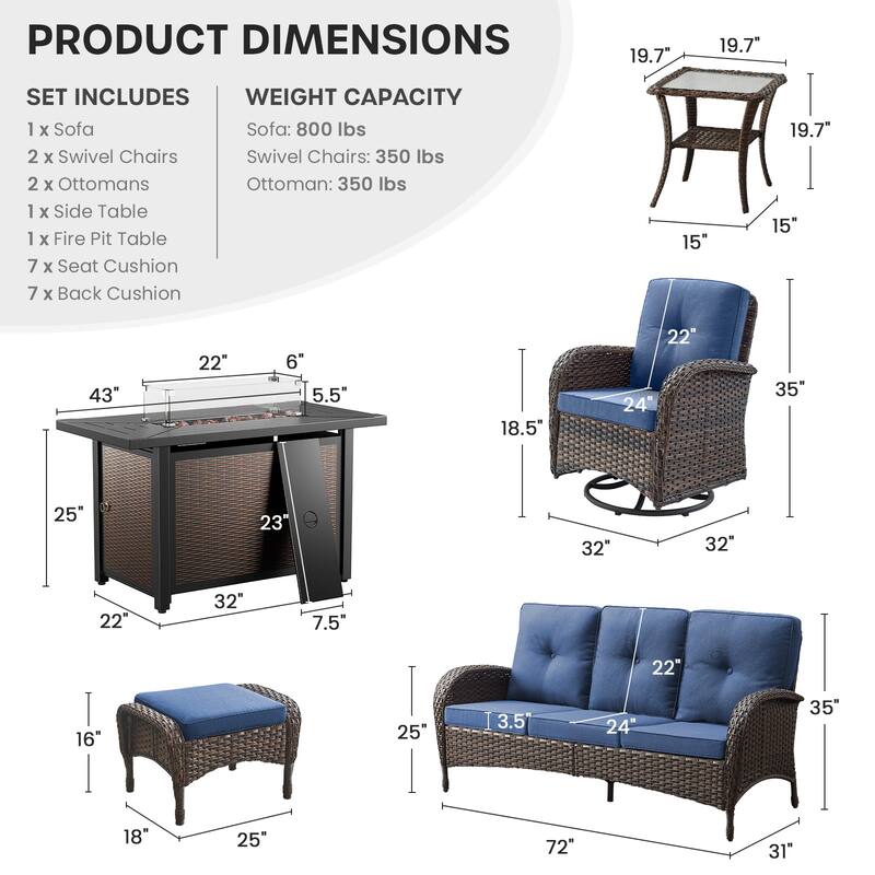 PlainCurve 7-Piece Brown Wicker Patio Fire Pit Sofa Seating Set with Olefin Cushions