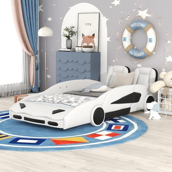 slide 2 of 19, Race Car-Shaped Platform Bed For Kids White
