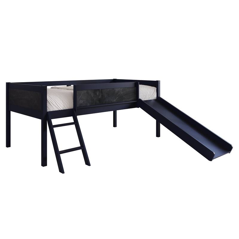 CraftPorch Classic Twin Low Loft Bed with Chalkboard, Slide and Ladder