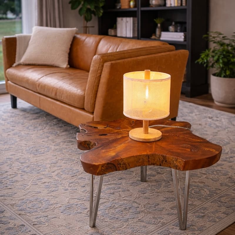 Lily Natural Woven Table Lamp with Wooden Base